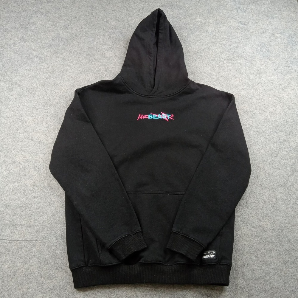 MrBeast Hoodie Youth 16 Black Pullover Graphic Logo Cotton Fleece Sweatshirt